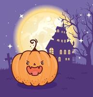 joyeux halloween, citrouille effrayante avec maison hantée dans la nuit noire vecteur