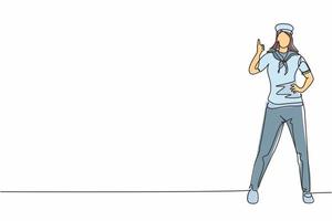 Un seul dessin d'une femme de marin se tient avec un geste du pouce levé pour faire partie d'un bateau de croisière transportant des passagers voyageant à travers les mers. illustration vectorielle graphique de conception de dessin de ligne continue vecteur