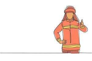 dessin au trait continu des pompiers en uniforme avec un geste du pouce levé se préparent à éteindre l'incendie qui a brûlé le bâtiment. dynamique une ligne dessiner illustration vectorielle de conception graphique. vecteur