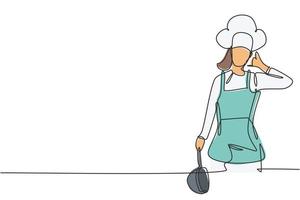 Chef féminin en continu avec un geste d'appel, tenant une casserole et portant des uniformes de cuisine prêts à préparer des repas pour les clients des restaurants. illustration graphique de vecteur de conception de dessin à une seule ligne