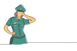 Une policière à une seule ligne avec un geste d'appel et un uniforme complet est prête à faire respecter la discipline de la circulation sur l'autoroute. veille en patrouille. illustration vectorielle graphique de conception de dessin de ligne continue vecteur