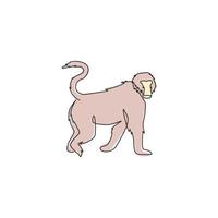 un dessin au trait continu de babouin marchant pour l'identité du logo de la jungle de la conservation. concept de mascotte animale primate pour l'icône du parc national. Illustration vectorielle de conception graphique moderne à une seule ligne vecteur