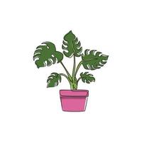 un dessin au trait continu beauté plante monstera feuille tropicale en pot. concept de plante d'intérieur décorative imprimable pour l'ornement de décoration murale. Illustration vectorielle graphique de conception de dessin de ligne unique moderne vecteur