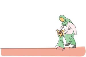 un seul dessin de jeune maman arabe tenant la main de sa fille, apprenez à marcher illustration vectorielle. heureux concept parental de famille musulmane islamique. conception de dessin de ligne continue moderne vecteur