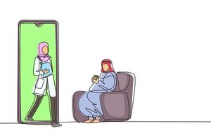 dessin continu d'une ligne patient arabe assis recroquevillé sur un canapé, utilisant une couverture, tenant une tasse et il y a une femme médecin sortant du smartphone, tenant un presse-papiers. conception de dessin à une seule ligne vecteur