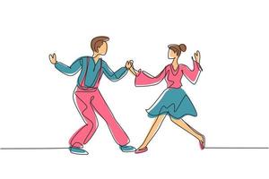 dessin continu d'une ligne homme et femme dansant le lindy hop ou se balancer ensemble. personnages masculins et féminins exécutant la danse à l'école ou à la fête. illustration graphique de vecteur de conception de dessin à une seule ligne