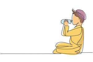 Un seul garçon arabe dessinant une ligne assis tout en savourant une bouteille de lait frais pour s'occuper de la nutrition de son corps. santé et croissance de l'enfant. ligne continue moderne dessiner illustration vectorielle graphique vecteur