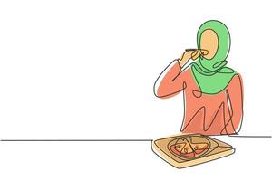 dessin continu d'une ligne jeune femme arabe ayant un repas de spaghetti avec une fourchette. heureux et profitez d'un déjeuner au restaurant. nourriture délicieuse et saine. illustration graphique de vecteur de conception de dessin à une seule ligne