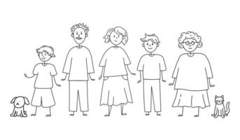 griffonnage dessin animé graphique illustration de content gros famille. graphique esquisser de famille avec les enfants et animaux domestiques vecteur