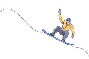 un dessin au trait continu d'un jeune snowboarder sportif faisant du snowboard et sautant dans la montagne de poudreuse enneigée des alpes. concept de sport de style de vie d'hiver. illustration vectorielle de dessin dynamique à une seule ligne vecteur