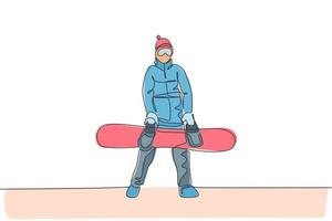 un dessin au trait continu d'un jeune homme sportif snowboarder tenant une planche de snowboard dans la montagne de poudreuse enneigée des alpes. concept de sport de style de vie d'hiver. illustration vectorielle de dessin dynamique à une seule ligne vecteur