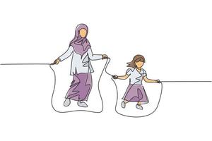 dessin au trait continu unique d'une jeune maman islamique et sa fille jouent ensemble à la corde à sauter au parc. concept de maternité de famille heureuse musulmane arabe. illustration vectorielle de conception de dessin à la mode une ligne vecteur