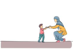 un seul dessin au trait d'un jeune garçon islamique en bas âge apprend à marcher jusqu'à sa mère et est prêt à attraper une illustration vectorielle. heureux concept parental de famille musulmane arabe. conception de dessin de ligne continue moderne vecteur