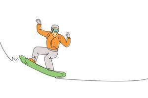 un dessin au trait continu d'un jeune homme sportif snowboarder faisant du snowboard dans la montagne de poudreuse enneigée des alpes. concept de sport de style de vie d'hiver. illustration vectorielle de dessin graphique à une seule ligne dynamique vecteur