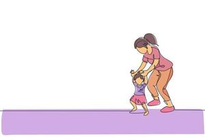 un dessin au trait continu d'une jeune maman enseignant à sa fille l'apprentissage de la marche à pied à la maison. concept de parentalité familiale heureuse. illustration vectorielle de dessin graphique à une seule ligne dynamique vecteur