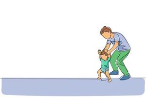 un dessin au trait continu d'un jeune père enseignant à son fils l'apprentissage de la marche à pied à la maison. concept de parentalité familiale heureuse. illustration vectorielle de dessin graphique à une seule ligne dynamique vecteur
