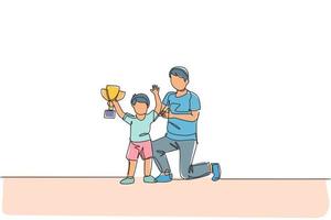 un dessin au trait continu jeune papa félicite son fils qui remporte le trophée de la première place au concours d'études. concept de parentalité familiale heureuse. illustration vectorielle de dessin graphique à une seule ligne dynamique vecteur