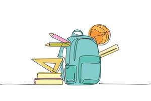 dessin d'une seule ligne d'un sac d'école, d'un ballon de basket, d'une règle, d'un crayon et d'un stylo. retour à l'école minimaliste, concept d'éducation. illustration vectorielle graphique de conception de style de dessin de ligne simple continue vecteur