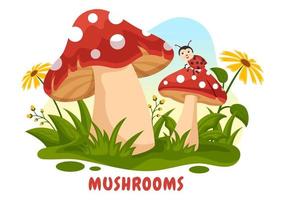 champignons illustration avec différent champignon, herbe et insectes pour la toile bannière ou atterrissage page dans plat dessin animé main tiré modèles vecteur