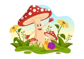 champignons illustration avec différent champignon, herbe et insectes pour la toile bannière ou atterrissage page dans plat dessin animé main tiré modèles vecteur