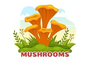 champignons illustration avec différent champignon, herbe et insectes pour la toile bannière ou atterrissage page dans plat dessin animé main tiré modèles vecteur