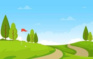 terrain de golf avec drapeau rouge, arbres et sentiers