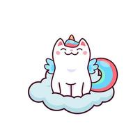 dessin animé mignonne kawaii caticorn personnage sur nuage vecteur