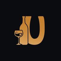 lettre u logo avec du vin bouteille conception vecteur illustration sur noir Contexte. du vin verre lettre u logo conception