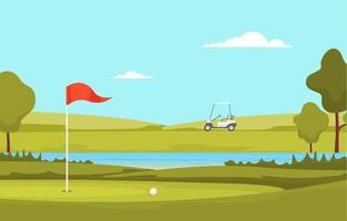 terrain de golf avec drapeau rouge, étang et arbres