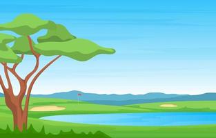 terrain de golf avec drapeau rouge, étang et arbres vecteur
