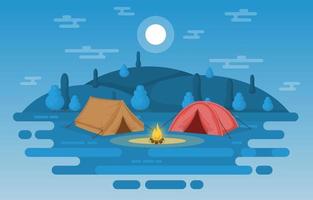 tentes de camping et feu de camp dans les montagnes la nuit vecteur