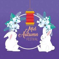 festival chinois de la mi-automne avec lapins, fleurs et lanterne suspendus vecteur