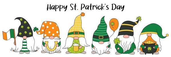 st. patrick's journée irlandais gnomes avec trèfle pour bien chance. ensemble mignonne gnomes. vecteur dessin animé lutins illustration pour cartes, décor, chemise conception, bannière, invitation à le pub.