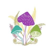 Trois coloré forêt champignons croissance ensemble avec fougères isolé sur blanc Contexte. brillant, calme ensemble de magique, fée, fantaisie champignons. main tiré vecteur illustration.