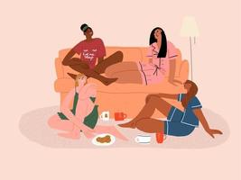 quatre les filles sont parlant séance sur le canapé. femmes relation amicale et communication. plat vecteur illustration. vecteur illustration