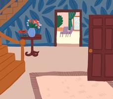 vecteur illustration de le confortable intérieur de le maison, entrée salle avec escaliers, fleurs. ancien style intérieur illustration. vecteur illustration