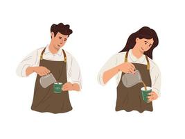 illustration vectorielle homme et femme travailleurs travaillant comme baristas de café, baristas versant et traitant des préparations de café.