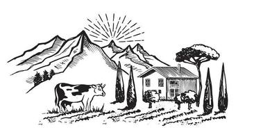 paysage de montagne. vache en noir. Moulin à vent. style de croquis, illustration vectorielle. vecteur