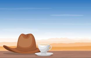 une tasse de thé et un chapeau de cowboy en illustration de vue paysage désertique vecteur