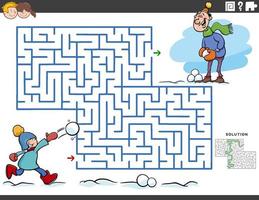 jeu éducatif de labyrinthe avec garçon et papa en hiver vecteur
