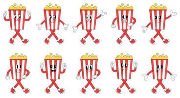 Popcorn. mignonne dessin animé personnages avec mains, jambes, yeux. brillant bande dessinée style. main tiré vecteur illustration