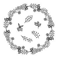 l'automne rond Cadre avec floral éléments, feuilles, fleurs, brindilles. griffonnage vecteur couronne illustration