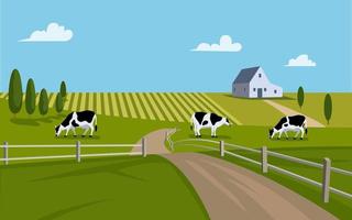 ranch de campagne de vecteur avec grange et vaches