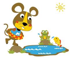 marrant souris avec bouée, grenouille et poisson dans étang, vecteur dessin animé illustration