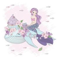 sucré Sirène est assis sur baleine dans fleurs vecteur illustration ensemble