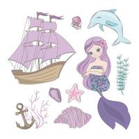 sirène Sirène voilier dauphin Voyage vecteur illustration ensemble