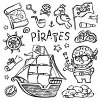 pirate et navire monochrome dessin animé clipart illustration ensemble vecteur