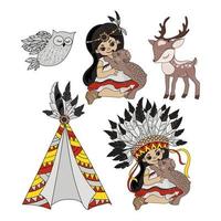 pocahontas la vie Indiens fille animaux domestiques vecteur illustration ensemble