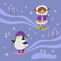 Arctique fantaisie hiver fille manchot vecteur illustration ensemble