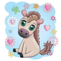 cheval de dessin animé mignon, poney pour carte avec fleurs, ballons, coeur vecteur